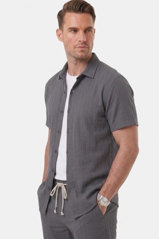 Deep Sea Deepsea Füme Slim Fit Çizgi Dokulu Keten Görünümlü Kısa Kol Erkek Spor Gömlek 2602648