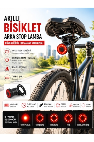 Kenly Akıllı Bisiklet Arka Stop Lambası Fren Sensörlü Type-c Şarjlı Ipx6 Su Geçirmez Led Arka Işık Siyah