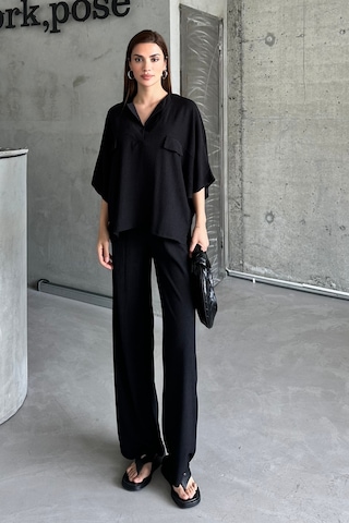Kadın Siyah Yarasa Kol Sahte Cep Bürümcük Alt Üst Palazzo Takım Siyah