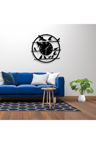Kuş Figürlü Duvar Saati - 40 Cm Siyah Renk Sessiz Mekanizma Metal Siyah