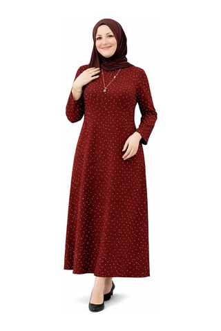 Hira Life Fashion Kadın Bisiklet Yaka Ful Kristal İki İplik Batal Tesettür Elbise Bordo Bordo