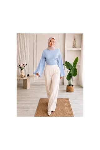 Unika Boutique Kadın Geniş Kol Belden Oturtmalı Bluz mavi