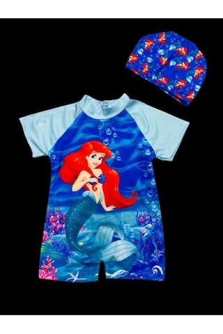 Lolliboomkids Kız Çocuk Deniz Kızı Temalı Kısa Kol Şortlu Hipster Hassas Ten Mayo Ve Bone Takımı 2 'li Set Mavi