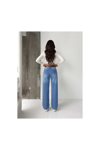 Bluemarlin Mavi İşlemli Likralı Kemerli Tam Kalıp Denim Pantolon Mavi İşlemli