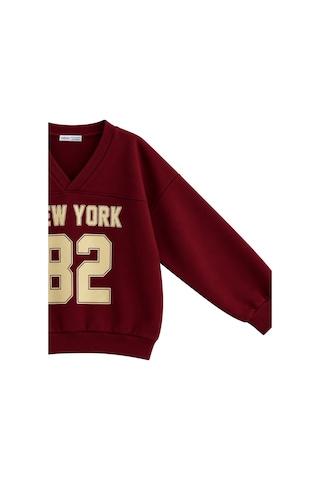 Vadon 1046 Kadın V Yaka New York Baskılı 3 İplik Pamuklu Sweatshirt Bordo
