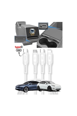 Tesla Model Y 2024-2025 Juniper Type-c Şarj Kablosu 1.2m 60w Süper Fast Pd 3in1 Apple iPhone Samsung Uyumlu Xiaom