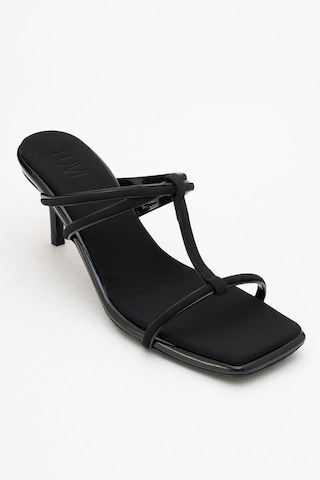 Luvishoes Luvi Shoes Mocha Siyah Kare Burunlu İnce Bantlı Kadın Topuklu Terlik Siyah