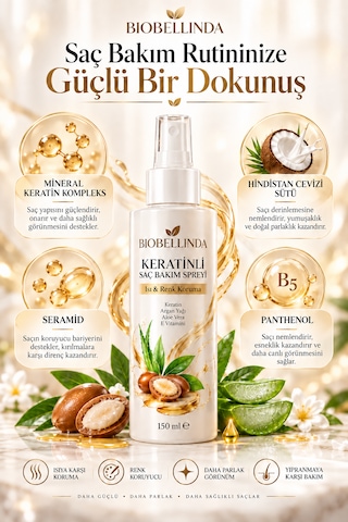 Keratinli Saç Bakım Spreyi Isı Ve Renk Koruma, Keratin, Seramid, Panthenol Ve Hindistan Cevizi Sütü 150 Ml