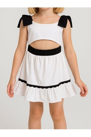 Kız Çocuk Omuzları Fiyonk Detaylı Bel Dekolte Detaylı Elbise-16068 Beyaz