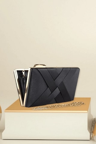 Famels Kadın Şeritli Özel Model Abiye Clutch Portföy El Gece Düğün Nişan Abiye Çantası Siyah
