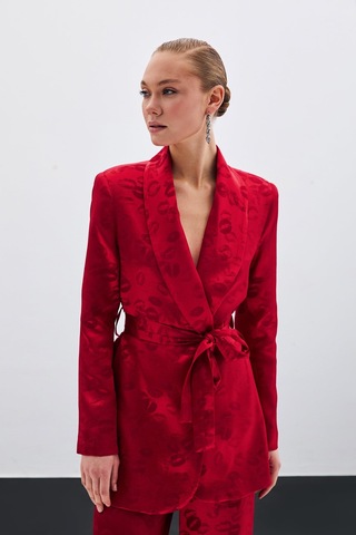 Sateen Şal Yaka Kuşaklı Ceket - Kırmızı-135682 Kırmızı