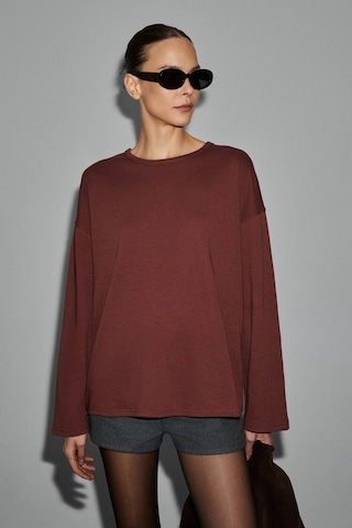 ETHIQUET NEAT Kadın Organik Pamuklu Bisiklet Yaka Oversize Fit Uzun Kollu Kiremit Rengi T-Shirt
