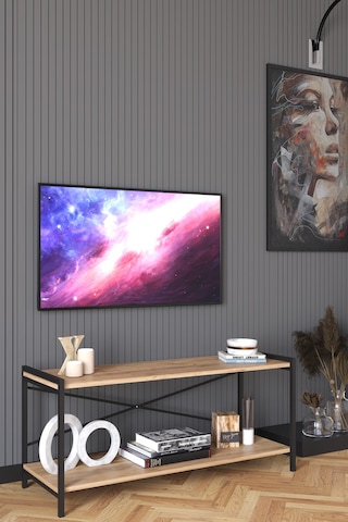 Dekoratif TV Ünitesi Ahşap Metal Ayaklı Raflı Televizyon Sehpası