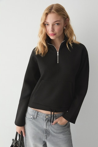 ETHIQUET BE AGIO Kadın Organik Pamuklı Kanguru Cepli Yakası Fermuarlı Siyah Sweatshirt