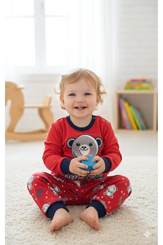 Veraye Socks Panda Baskılı Erkek Bebek Takımı Kırmızı