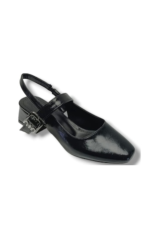 Ceylan Shoes 315-26 Kırışık Rugan Deri Kısa Kare Topuk Arkası Açık Kadın Ayakkabı Siyah
