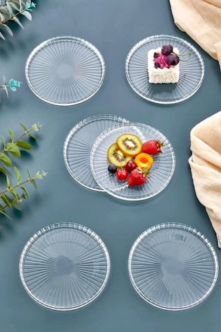 Grandora 6 Lı Lüks Şeffaf Cam Pasta Tabağı Seti Modern Cam Tatlı Tabağı Beyaz