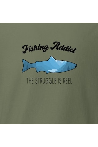 Wildstyle Fishing Addict Struggle Is Reel Balıkçılık Esprili Baskılı Unisex Bisiklet Yaka Pamuklu Tişört Haki