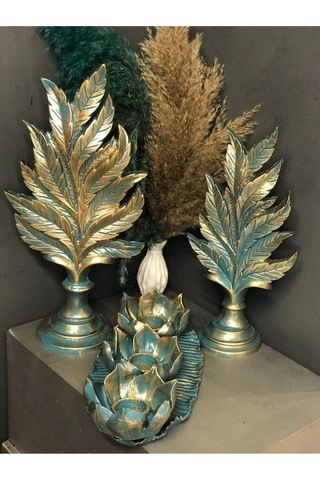 Dekoratif Polyester Ikil Dik Yaprak Ve Üçlü Mumluk Takımı Gold-turkuaz-eskitme