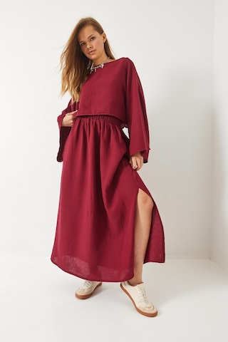 Shade Kadın Yarasa Kol Croplu Beli Lastikli Yırtmaç Detay Etekli Müslin Takım 9280 60281002 - Bordo