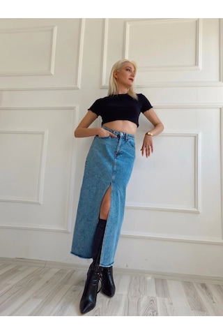 Kadın Önden Yırtmaçlı Denim Etek Buz Mavi