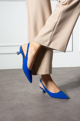 Shoetek Sunia Kadın Topuklu Ayakkabı Yandan Bantlı Stiletto Saks Mavisi Saten Saks Mavi