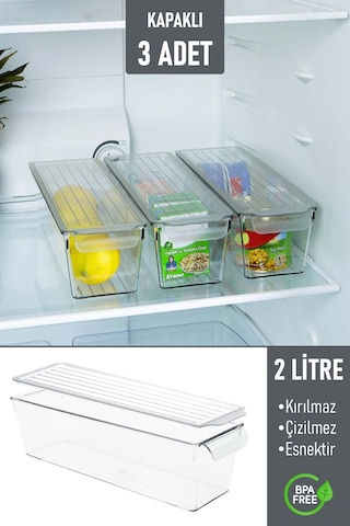 İronika Kapaklı Buzdolabı Düzenleyici Meyve Sebze Saklama Kabı Organizer 2 Litre X 3 Adet Şeffaf