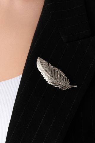 Baykuş Tüyü 18 Ayar Beyaz Altın Kaplama Gümüş Broş Beyaz