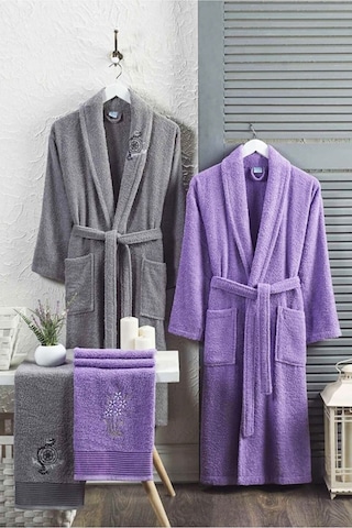 4 Parça Aile Bornoz Seti Kadın Erkek Havlulu Bornoz Takımı Gri La (534406871)