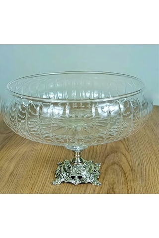 Assa Bazaar Lotus Kristal 24 Cm Kesme Dekor Metal Ayaklı Salata Kasesi Şık Cam Sunumluk Gümüş