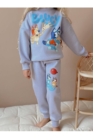 Kız Çocuk Bluey Modelli 3 İplik Şardonlu Eşofman Takımı Lila