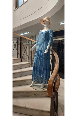Eren Style İtalyan Sunshine İpek Detaylı Dantelli Elbise-9033 İndigo Mavisi