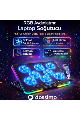 Nitro Rgb Işıklı 8 Fanlı Lcd Göstergeli 2 Usb Girişli Yükselebilen Notebook Soğutucu S23