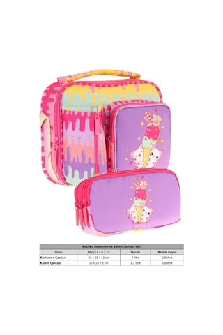 Kaukko Kids Kız Çocuk Sarı Mor Dondurma Baskılı Üç Bölmeli Thermo Beslenme Çantası Ve Kalemlik Seti L7247+l8247 Sarı - Mor