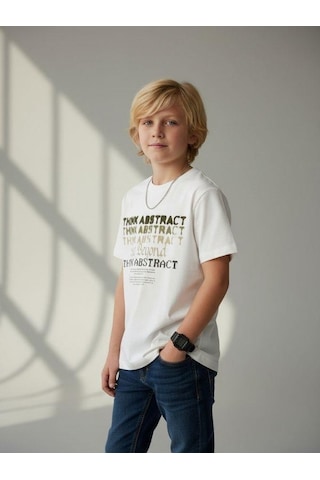 Zekids Erkek Çocuk Baskılı Tasarım T-shirt-16906 Ekru