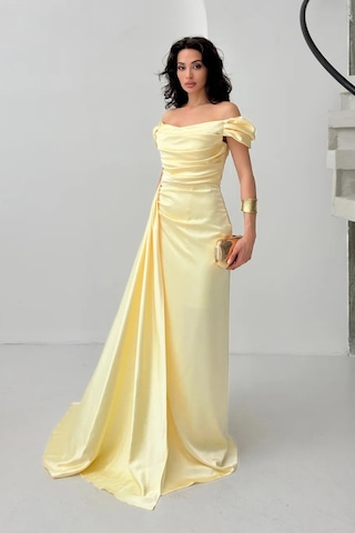 Feminist Sarı Drape Detaylı Saten Kumaş Abiye Elbise 9704858.11 Sarı