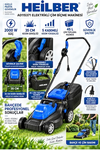Heilber Ba0115371 2000w Elektrikli Çim Biçme Makinesi 35 Cm Kesim Genişliği, 5 Kademeli Yükseklik Ayarı, 4