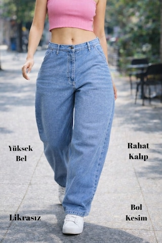 Cedy Denim Cedy Denım Yüksek Kalite Kadın Yüksek Bel Baggy Skater Jean Açık Mavi