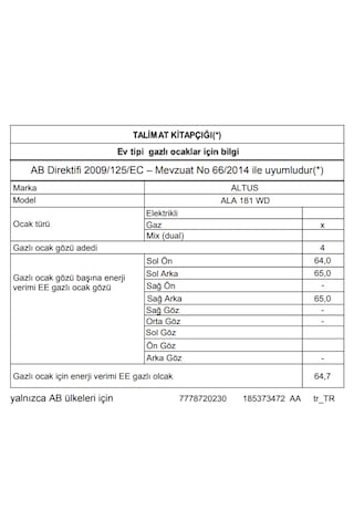 Altus ALA 181 WD Doğalgazlı Ankastre Ocak