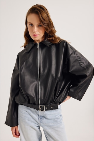 Meecy Yeni Sezon Suni Oversize Bomber Deri Ceket Siyahh Siyahh