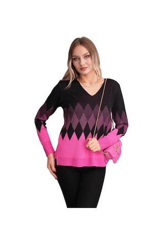 Kadın V Yaka Baklava Desen Kazak 12807 Bgl-st04104 Pembe