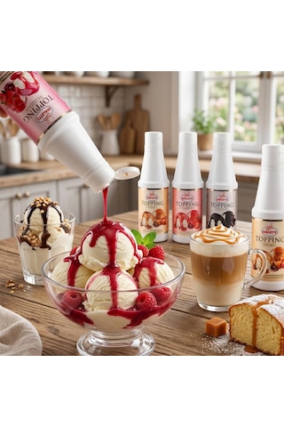 Ovalette Topping 4 Lü Sos Seti Çilek, Karamel, Çikolata Ve Frambuaz 1 Kg Waffle, Pancake Ve Tatlı Sunumları İçin Profesyonel Sos Seti