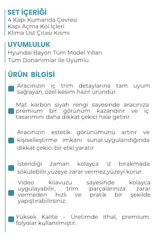 Hyundai Bayon İç Trim Set Mat Karbon Siyah / Ayna Katlama Butonlu