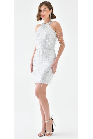 Hanife Glam Couture Hanife Glam Halter Yaka Taş Tasarımlı Saçaklı Pul Payet Mini Elbise Gümüş