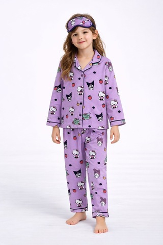 Beka Kids Desenli Uzun Kollu Önden Düğmeli Gömlek Yaka Kız Çocuk Pijama Takımı Ve Göz Bandı Mor