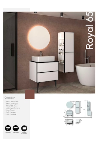 Evros Royal 65 Cm Banyo Dolabı Boy Dolabı Dahil Beyaz - Siyah