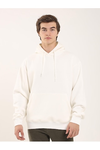 Dufy Erkek Oversize Düz Pamuklu Kapüşonlu Sweatshirt Ekru - 103712 Ekru
