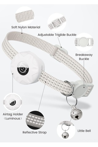 Geeroyoo Kedi İzleyici Airtag Kordonu Silikon Kılıf, Yansıtıcı Işıklı, Güvenli Kilitli, Ayarlanabilir Nylon Tasarım Beyaz