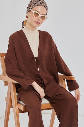 Bigdart Kadın Keten Kimono İkili Takım 6727 - Kahverengi
