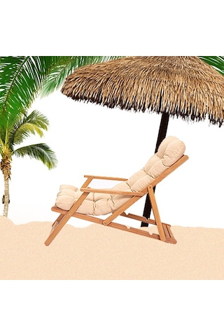 Ahşap Şezlong Sandalye Katlanır Minderli -sütlü Kahve